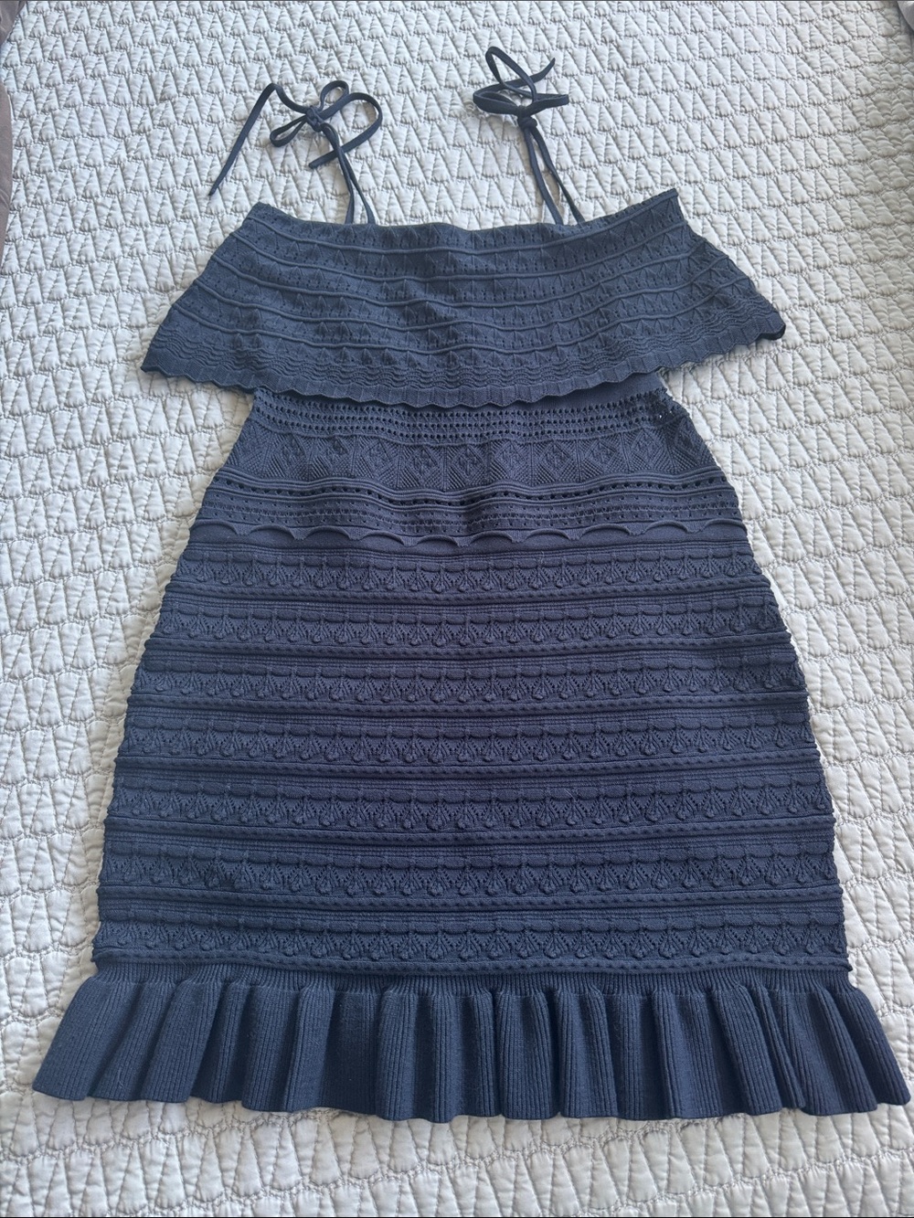 Milly Women's Ruffle Yoke Pointelle Knit Short Sheath Dress Navy Blue Size M